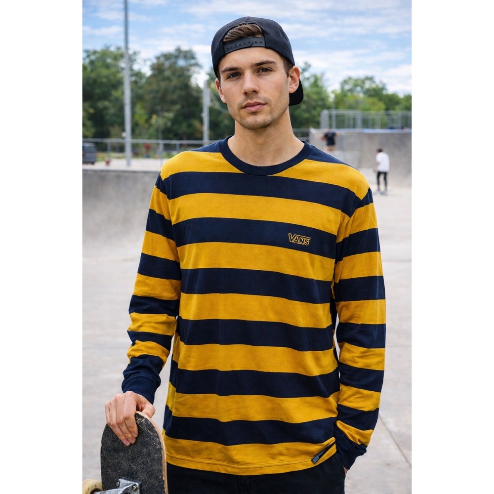 Vans Striped Long Sleeve Tee Mustard Yellow Navy Skate Streetwear Sz M